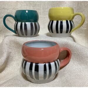 Set of 3 CMA POTTERY earthenware whimsical striped coffee mugs
